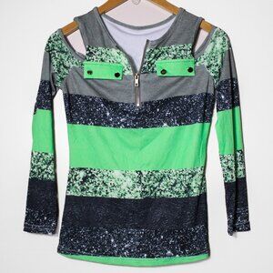 Womens Off Shoulder Long Sleeve Top Green Mixed Media Print Striped Zipper S